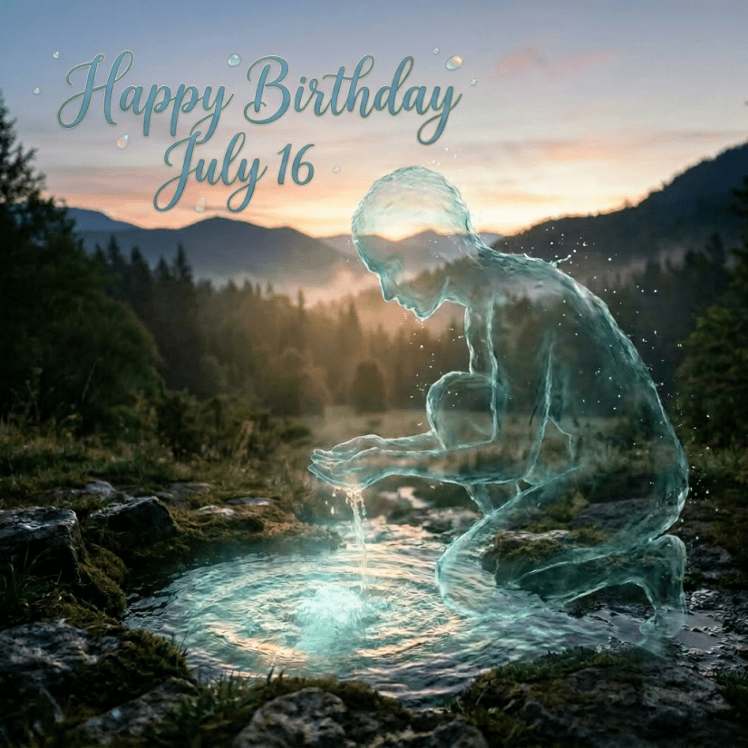 Translucent water figure kneeling and scooping water from a mountain spring at sunset