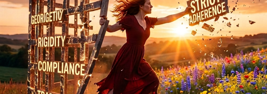 Woman breaking a wall labeled with words like conformity, obedience, and strict adherence