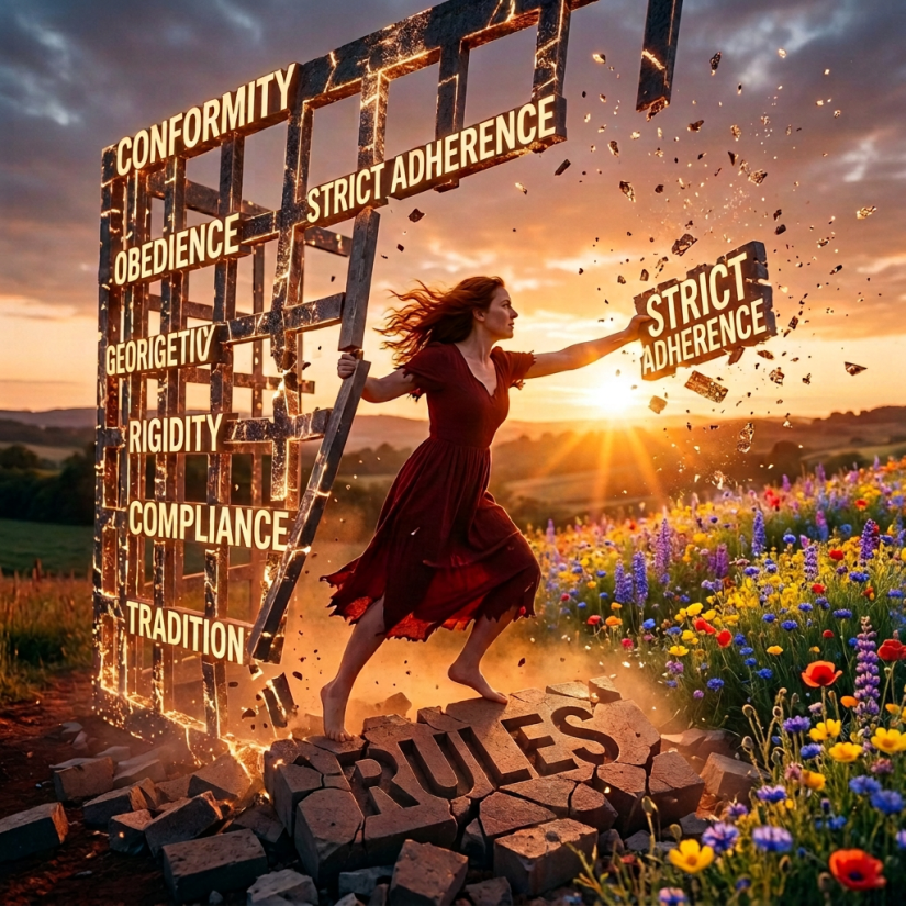Woman breaking a wall labeled with words like conformity, obedience, and strict adherence
