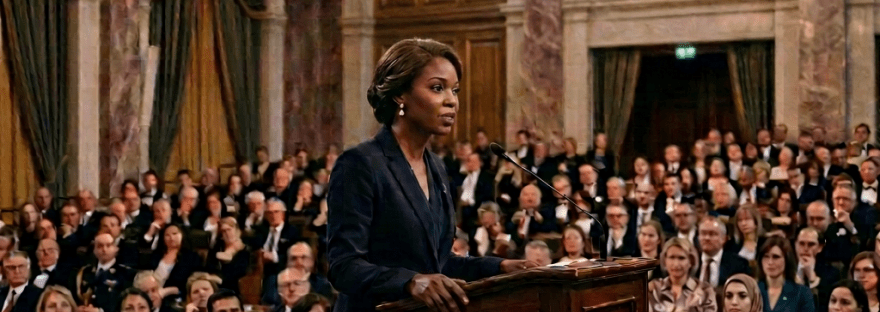 Man speaking at podium during Global Symposium on Peace with audience