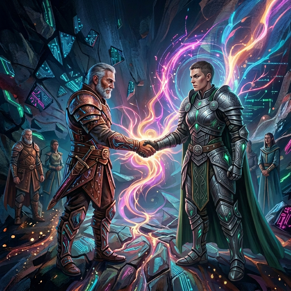 Warrior in armor and elf in hooded cloak shaking hands surrounded by magical energy