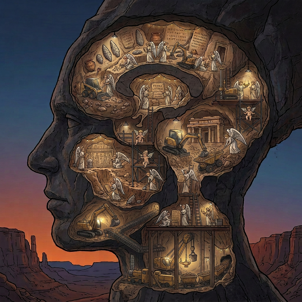 Archaeological excavation inside human head Workers digging and excavating artifacts inside a large human head-shaped cave.