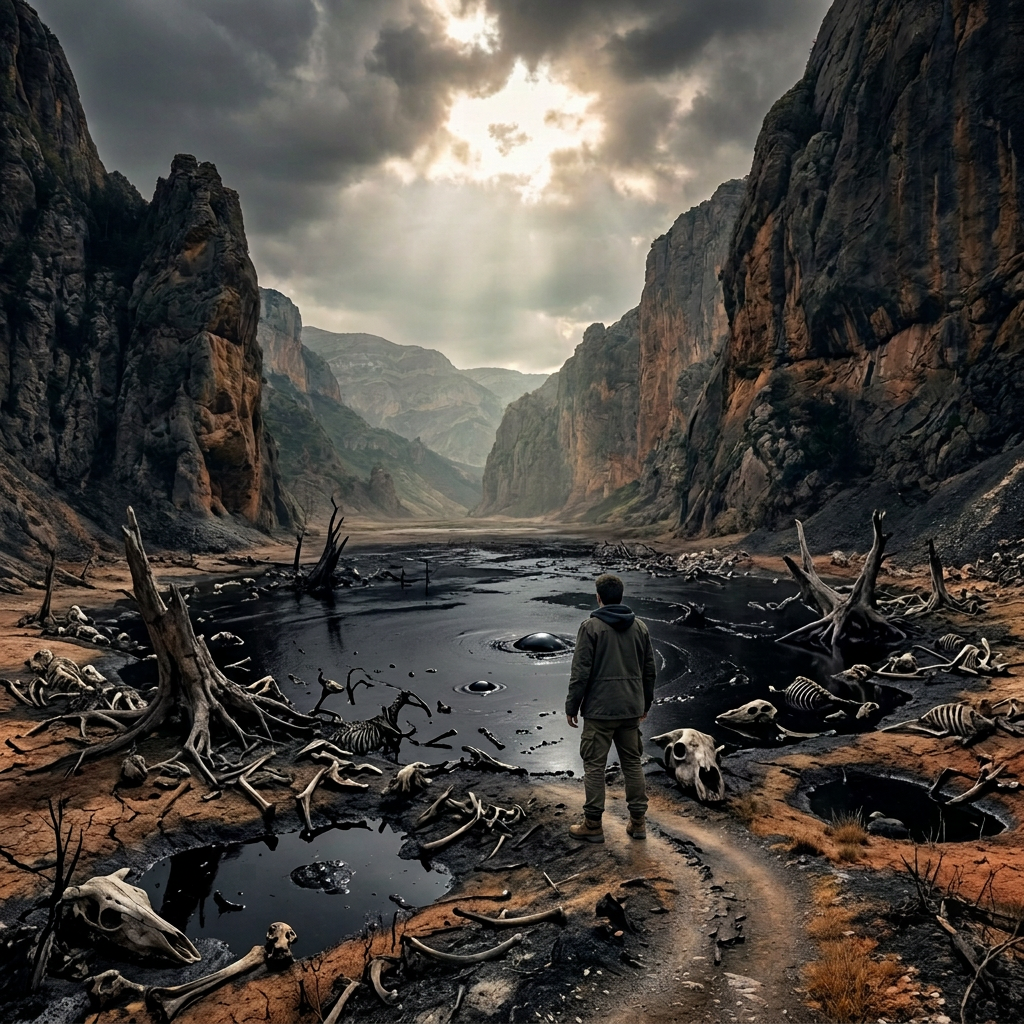 Astronaut standing near a bubbling dark toxic crater surrounded by animal skeletons in a rocky canyon