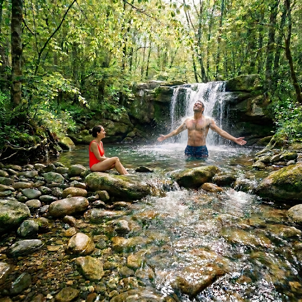 Forest Stream Supporting Nature Immersion Clear stream flowing over rocks through a lush green forest