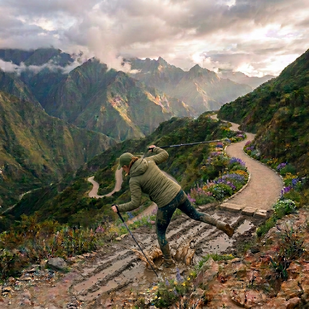Hiker Exploring Scenic Mountain Switchbacks Hiker trekking above winding roads in a lush mountain valley
