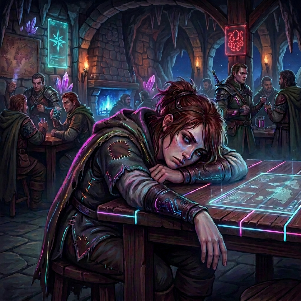 Weary adventurer slumped at tavern table holding an empty tankard