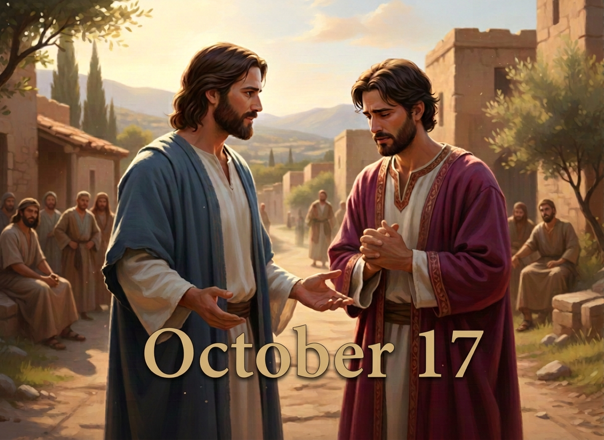 A reverent, cinematic biblical scene depicting Jesus speaking compassionately with a troubled wealthy man who has approached Him, inspired by the Gospel encounter of Jesus and the rich young ruler. Set on a dusty ancient road in first-century Judea, with warm natural light, historically grounded robes and architecture, expressive but respectful body language, spiritual depth, and a realistic painterly style. No text, no lettering, no halos, no modern objects.