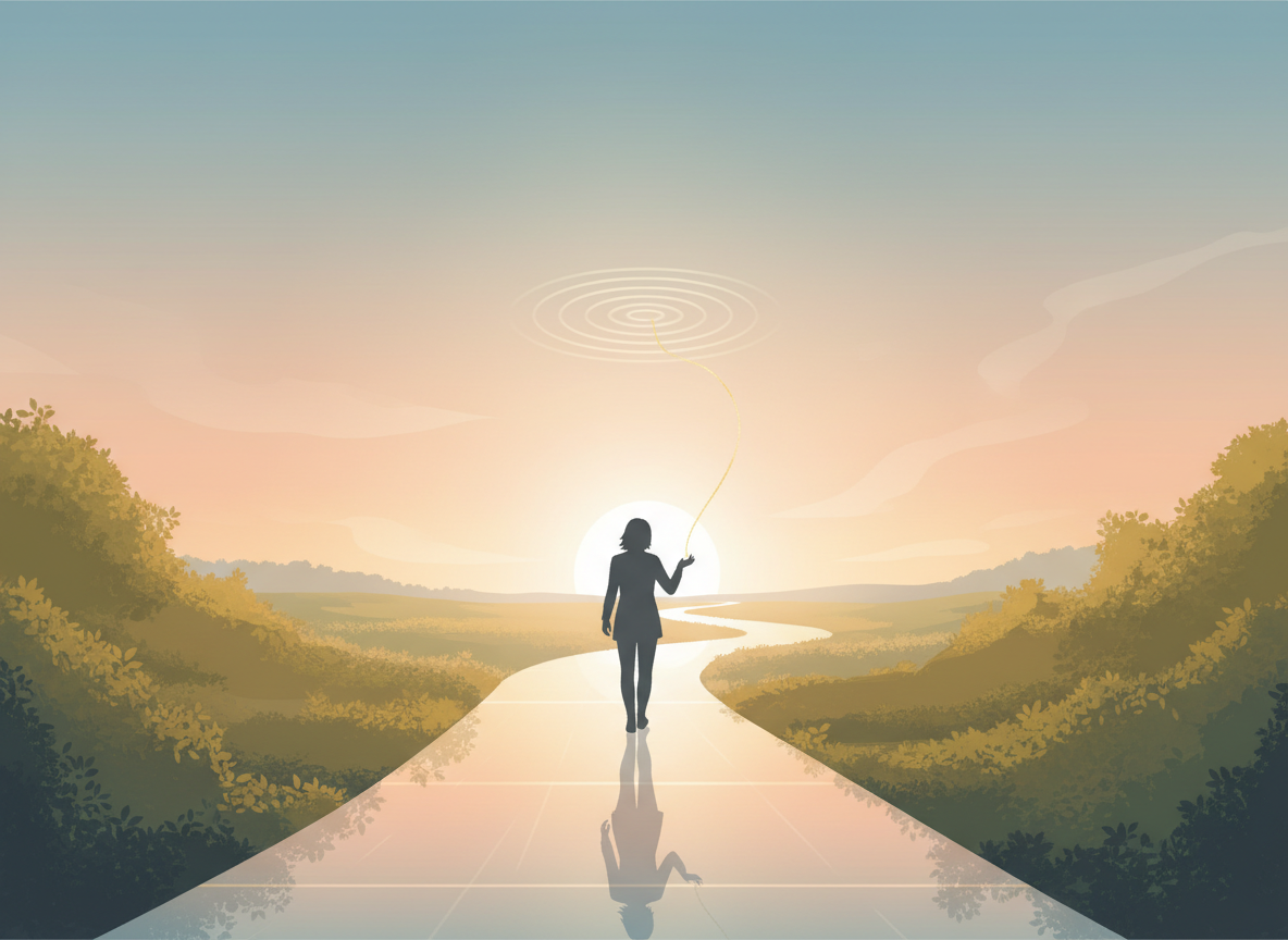 A serene, symbolic editorial illustration for a Christian devotional post about living a God-designed destiny with clarity and humility: a single person walking along a clear sunlit path through a peaceful landscape toward warm dawn light, subtle sense of divine guidance, open sky, gentle hills, calm reflective mood, elegant contemporary composition, no text, no religious symbols, suitable for a blog feature image.