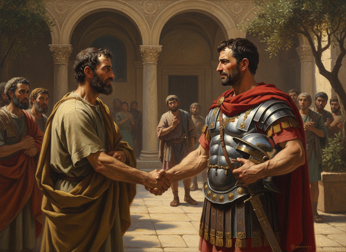 A historically respectful, cinematic biblical scene depicting the apostle Peter and the Roman centurion Cornelius from Acts 10 shaking hands in a warm outdoor courtyard in Caesarea. Peter is a first-century Jewish man in simple robes, and Cornelius is a first-century Roman centurion in historically inspired armor and clothing. Show genuine friendship, reconciliation, diversity, and inclusion, with a small group of witnesses in the background, natural golden light, expressive but dignified faces, realistic painterly detail, no modern objects, no text, no halos, no fantasy elements.